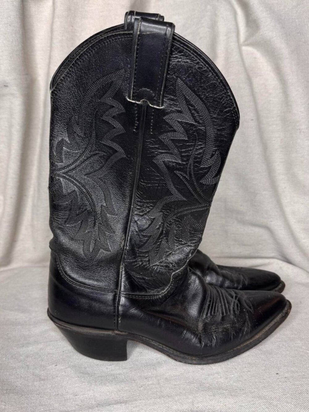 Justin Boots Black Leather Western Roper Cowboy Boots US Boys 7 Womens 8-8.5 NEW